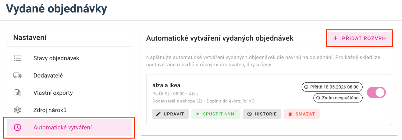 A kiadott megrendelések automatikus létrehozásának beállítása
