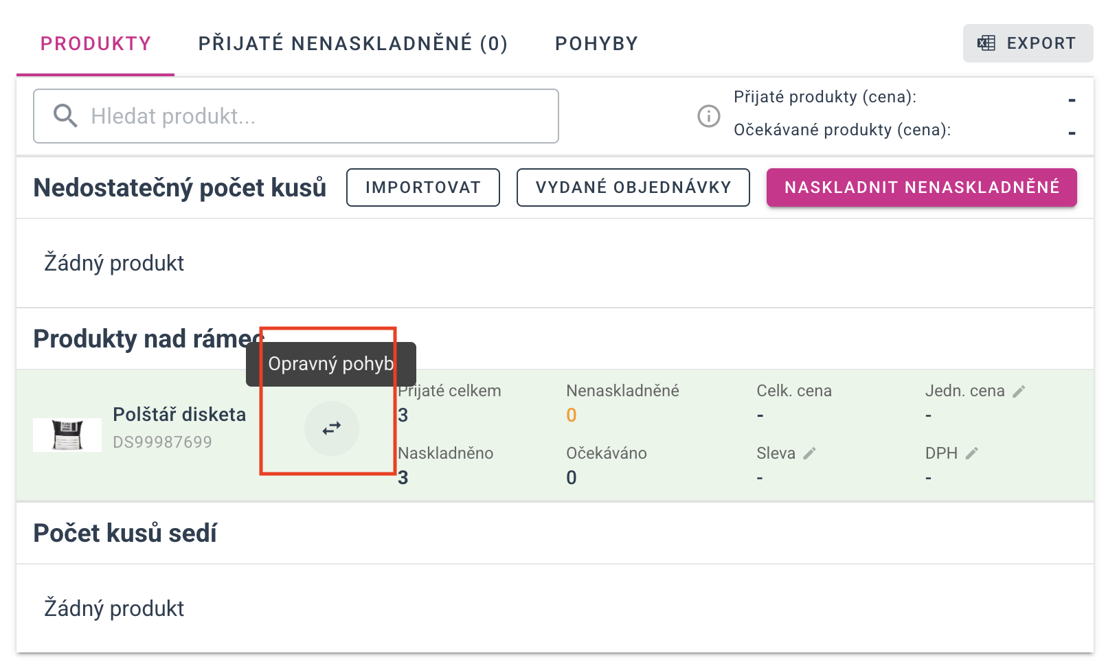 Korrekciós művelet a raktári bizonylat terméklapján
