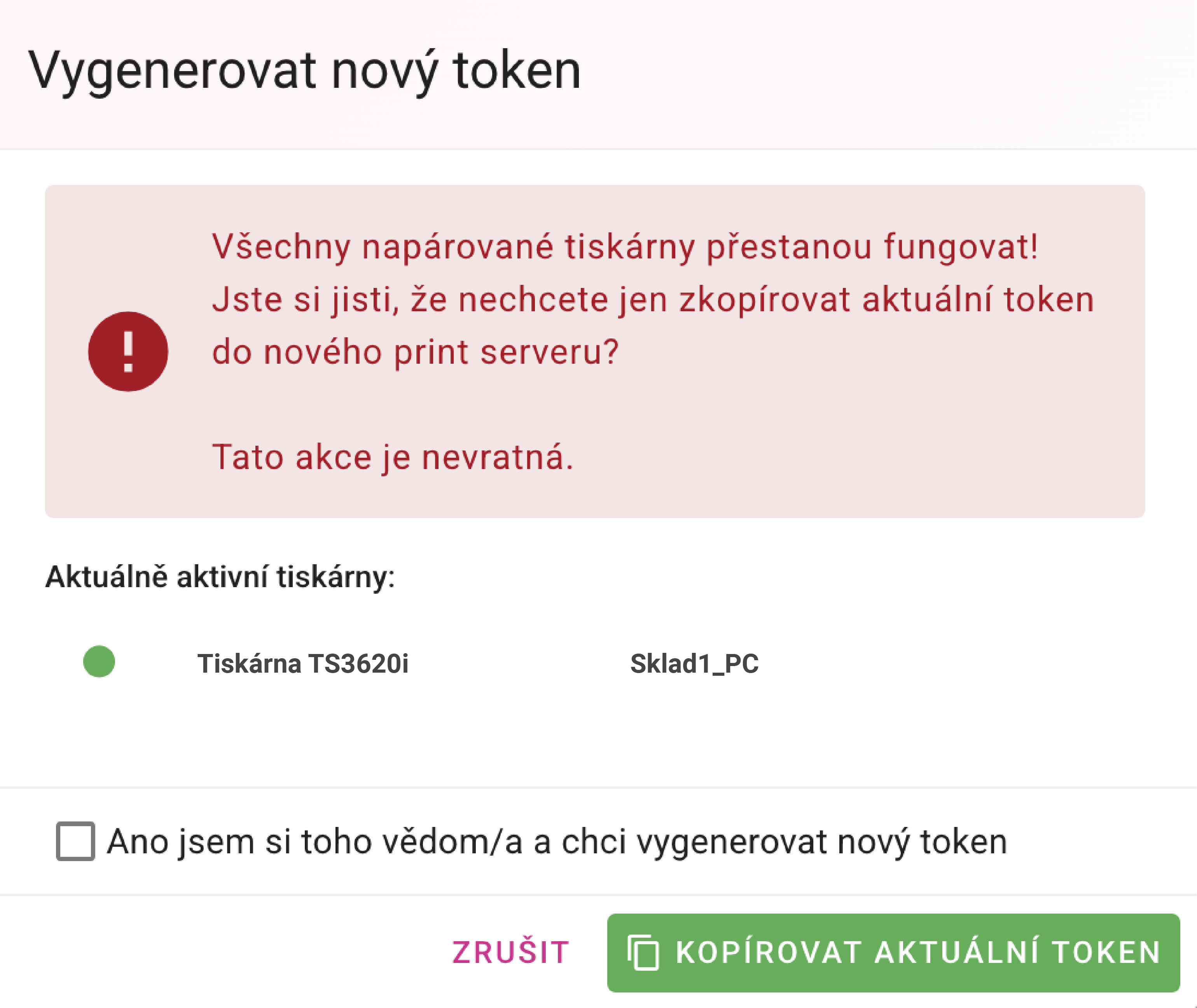 Az új token létrehozásának visszaigazolása és az aktív nyomtatók listája
