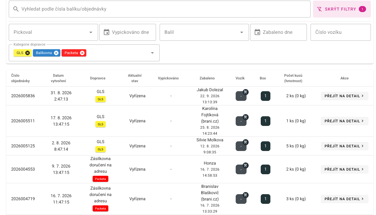 Filtrování zabalených objednávek podle kategorie dopravce