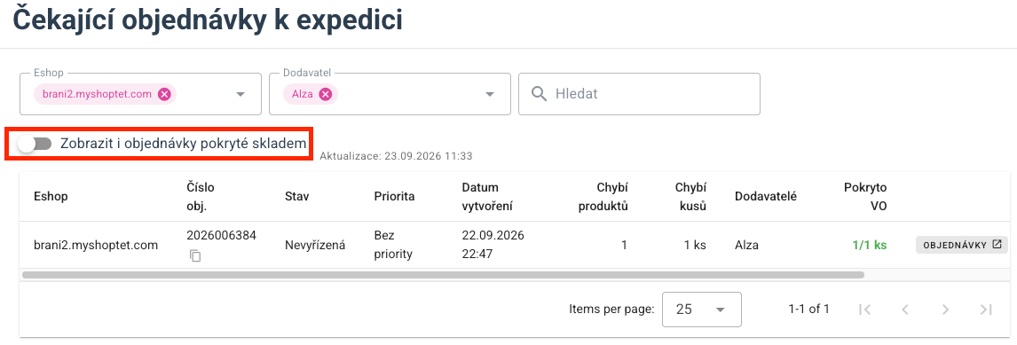 Volba Zobrazit i objednávky pokryté skladem v přehledu objednávek k expedici