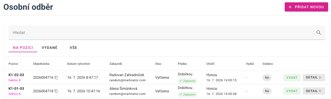 Způsob platby a stav zaplacení u osobních odběrů