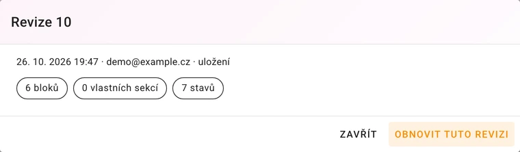 Historie uložených revizí nastavení Tracking stránky