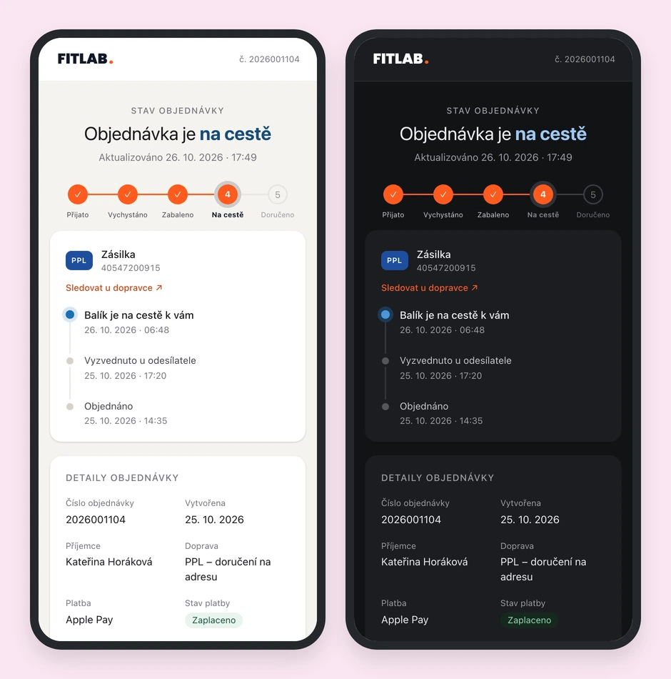 Skutečná zákaznická Tracking stránka FitLab na mobilu širokém 390 px, světlá a tmavá varianta