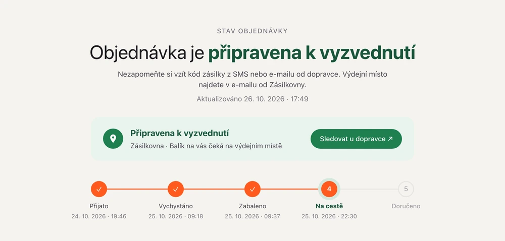 Upozornění Připravena k vyzvednutí s tlačítkem Sledovat u dopravce