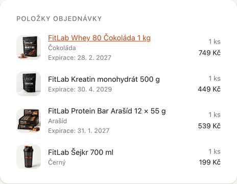 Položky FitLab s fotografiemi, cenami a expiracemi šarží