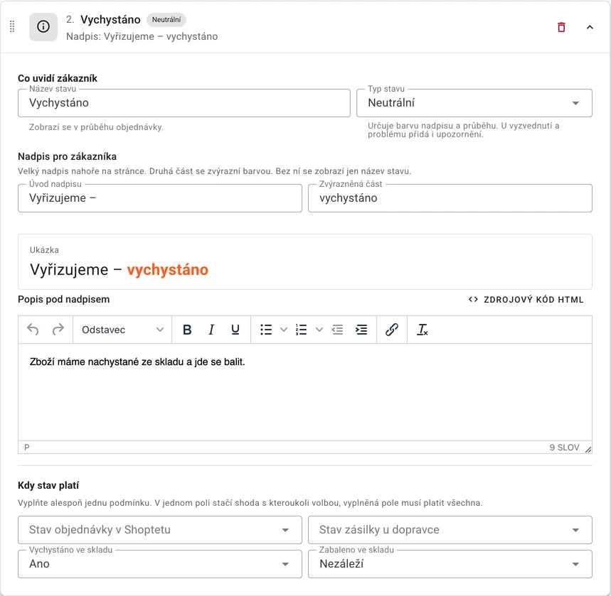 Nastavení vlastních stavů objednávky v Brani včetně stavu Vychystáno