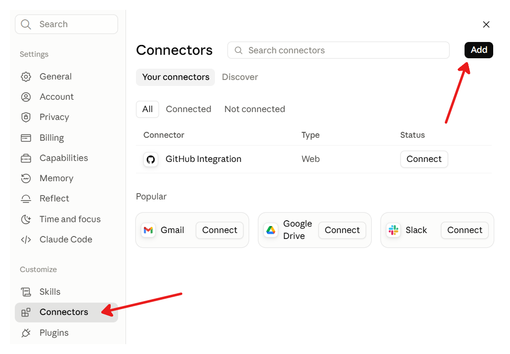 A „Connectors” szakasz és az „Add” gomb