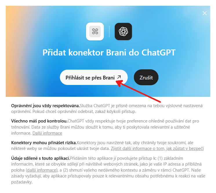 Přihlášení pluginu přes Brani