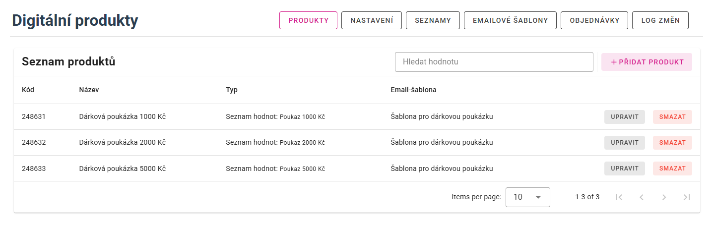 Termékek listája – a digitális termékek áttekintése.