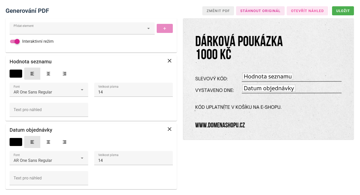 PDF-készítés – utalványsablon-szerkesztő előnézettel.